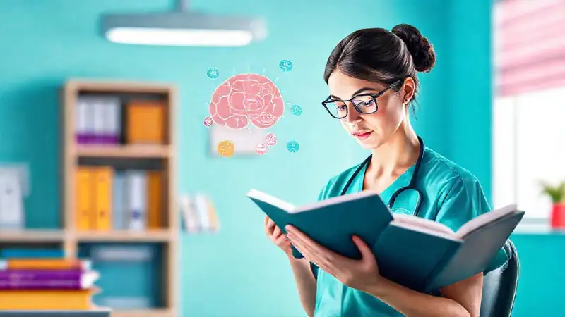 Enfermera estudiando con iconos y libros