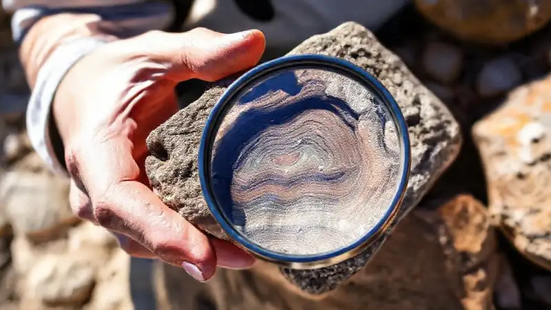 Geólogo examina rocas con lupa en naturaleza
