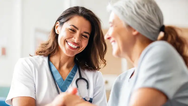 Enfermera y paciente comparten una sonrisa confiada