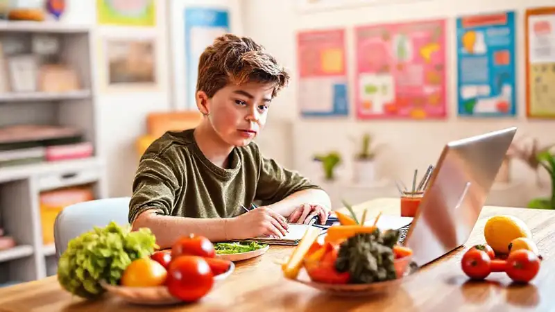 Estudiante estudia con comida saludable y laptop