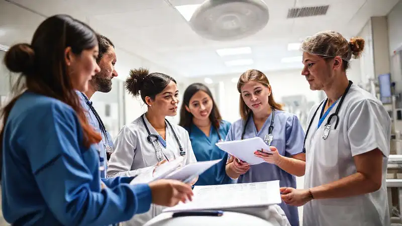 Enfermera analiza datos en entorno hospitalario profesional