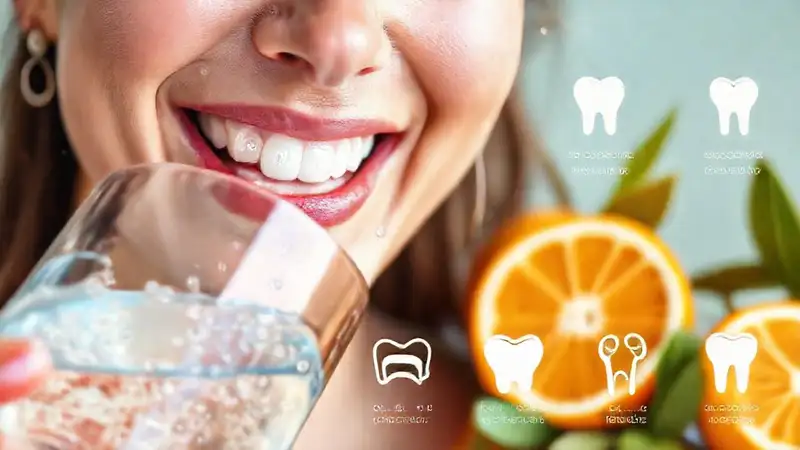 Sonriente bebiendo agua con frutas y dientes sanos