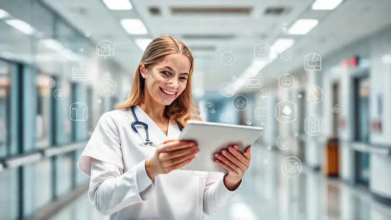 Enfermera usando tablet en hospital moderno
