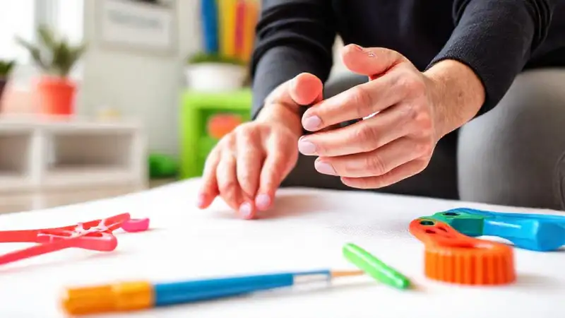 Manos realizando ejercicios en clínica colorida y positiva