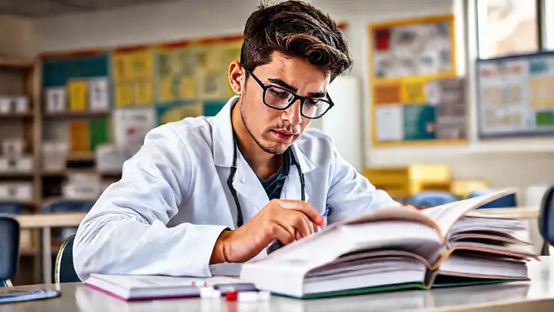 Estudiante estudiando farmacia en aula organizada