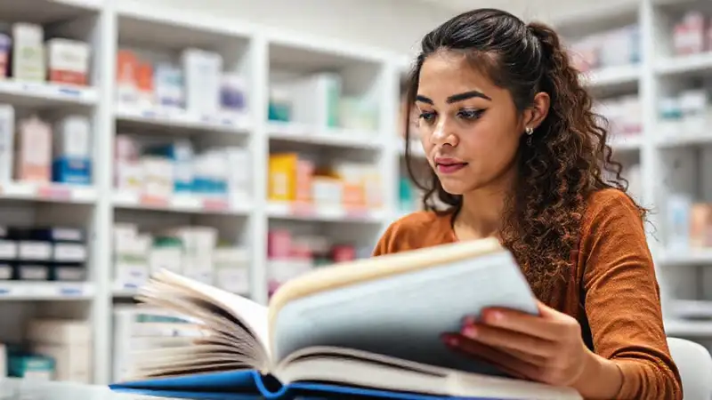Estudiante estudiando con libros en farmacia