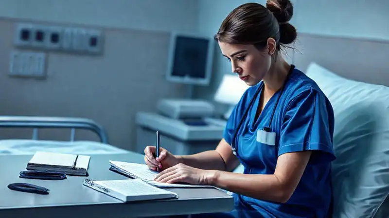 Enfermera toma notas en habitación hospitalaria