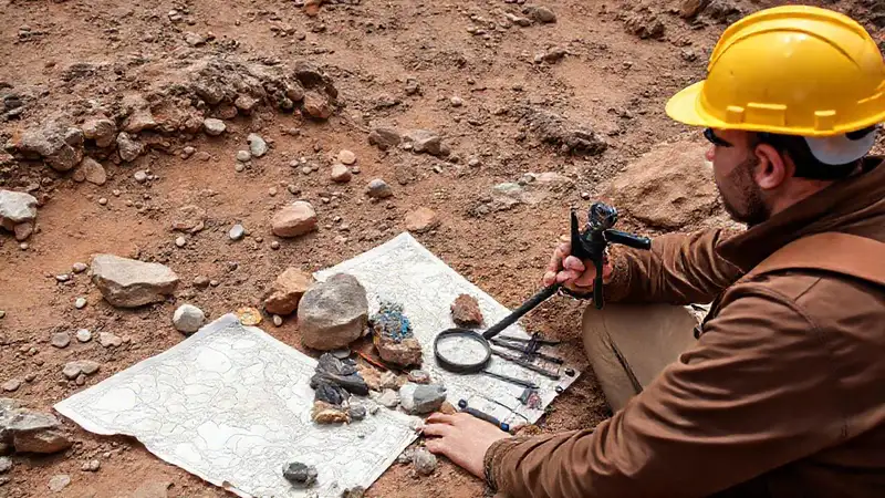 Investigación geológica en terreno con herramientas especializadas