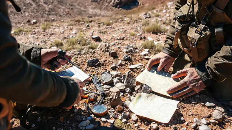 Instrumentos y paisaje para exploración geológica
