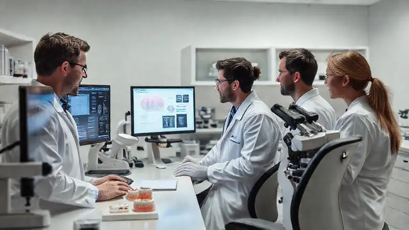 Equipo de investigación dental en laboratorio moderno