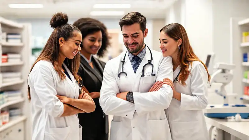 Equipo farmacéutico colaborando en ambiente moderno