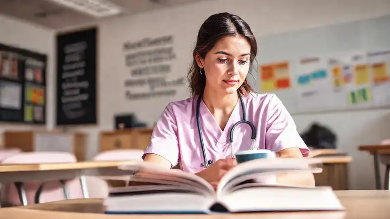 Estudiante de enfermería estudia en aula inspira