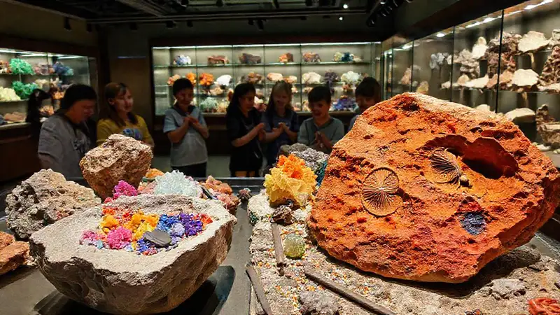 Muestras minerales y fósiles en exhibición educativa