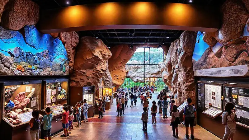 Museo con minerales, exhibits y área interactiva