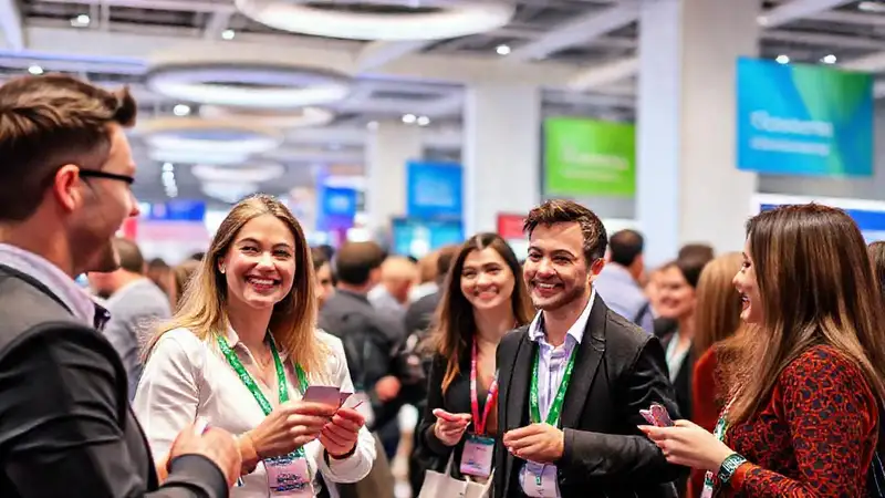 Profesionales sonrientes hacen networking en conferencia dental