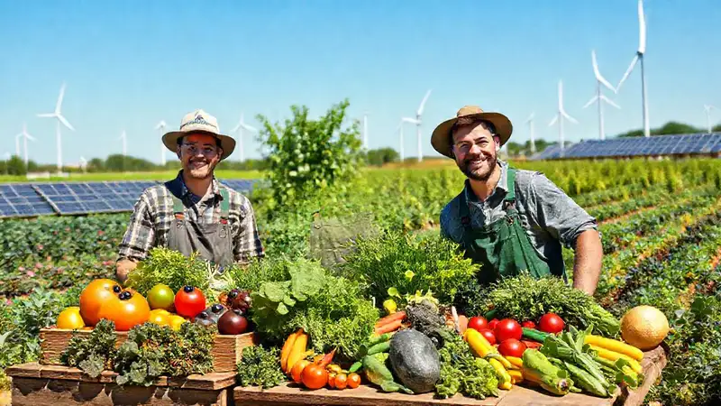 Granja ecológica con agricultores y energías renovables