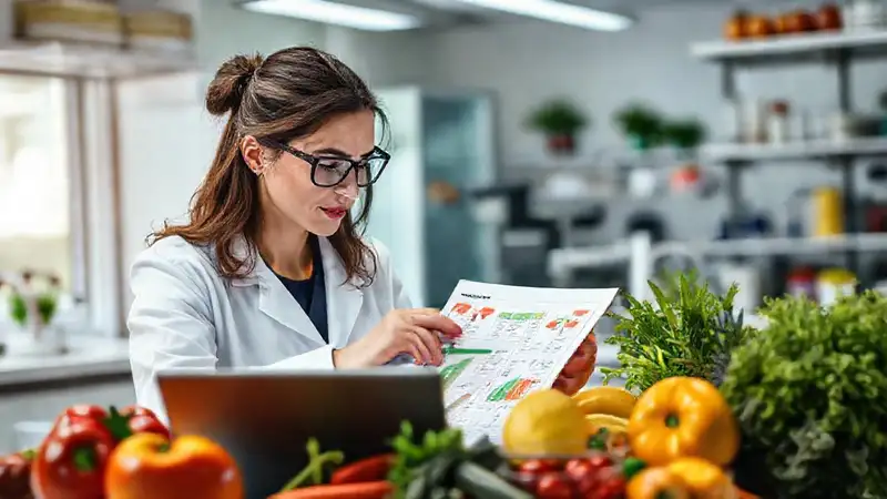 Investiga nutrición con frutas y laboratorio moderno