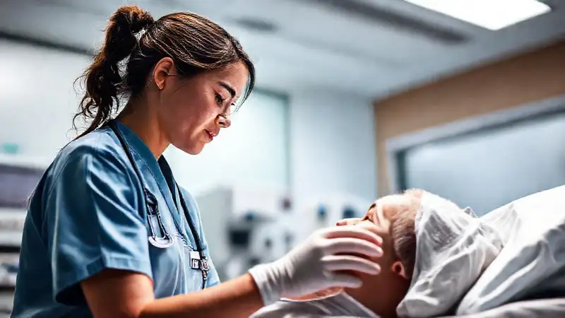 Estudiante de enfermería practica con determinación en hospital