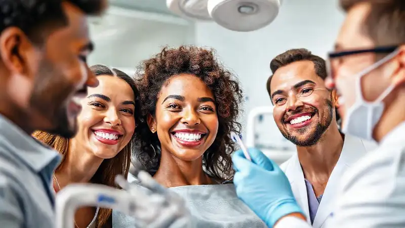Clínica dental moderna con pacientes felices
