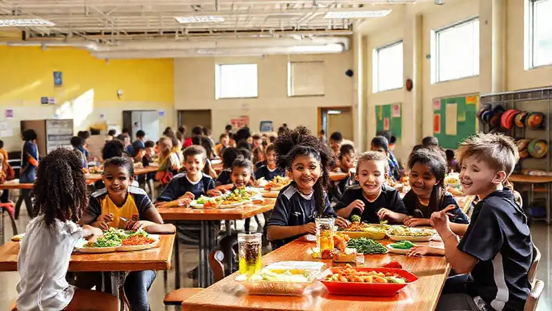 Estudiantes comiendo en cafetería colorida, enérgica