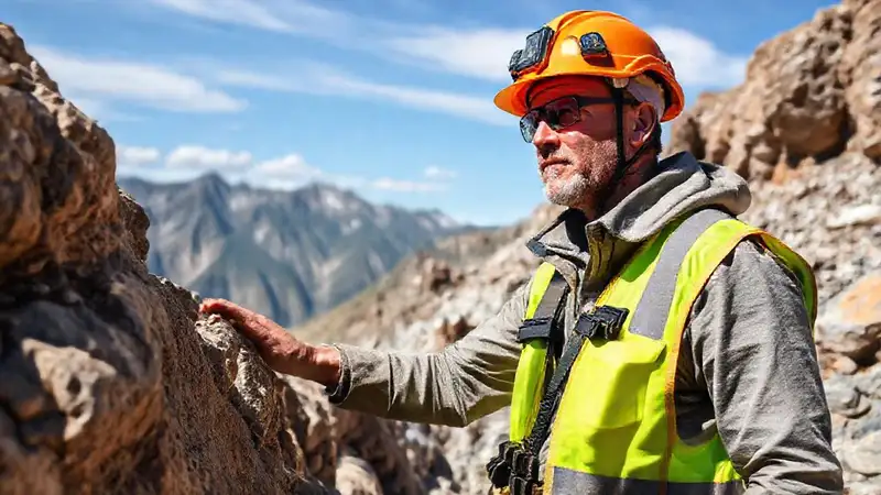 Geólogo inspecciona rocas en terreno peligroso