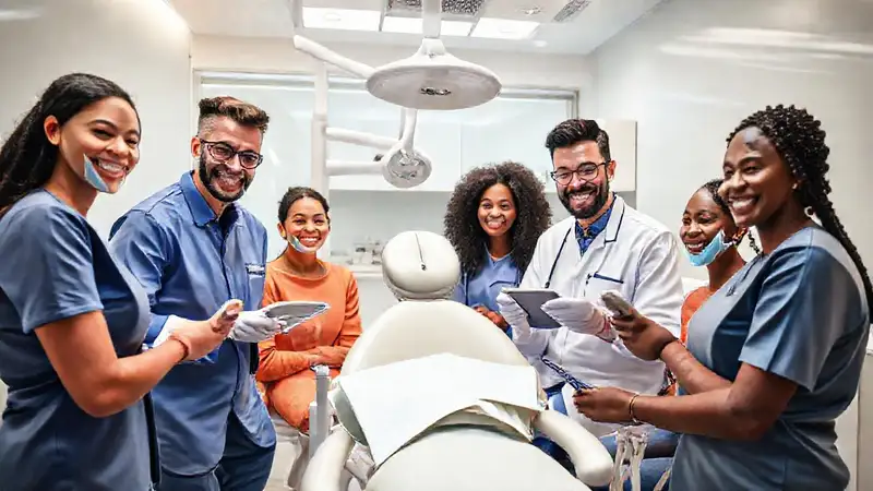 Clínica dental moderna, equipo profesional y colorido