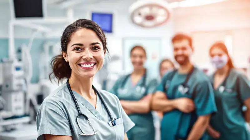 Enfermeras sonrientes en hospital moderno y diverso