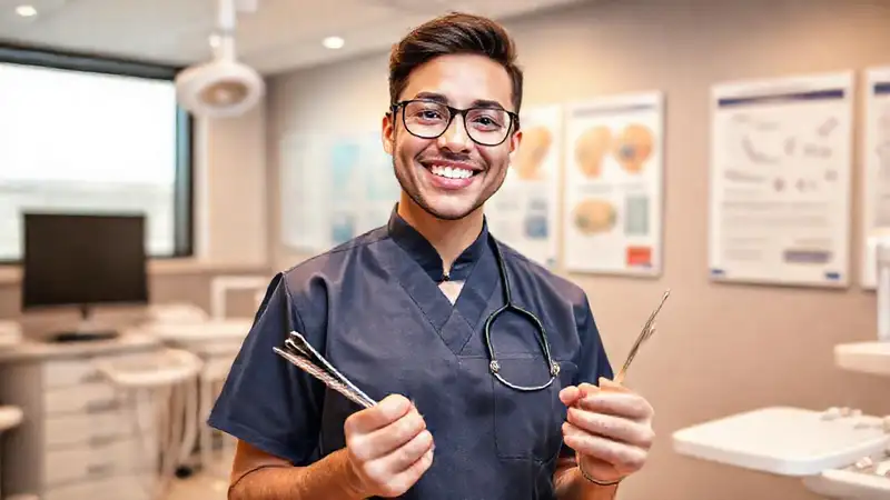 Dentista graduada en clínica moderna, confiada y profesional