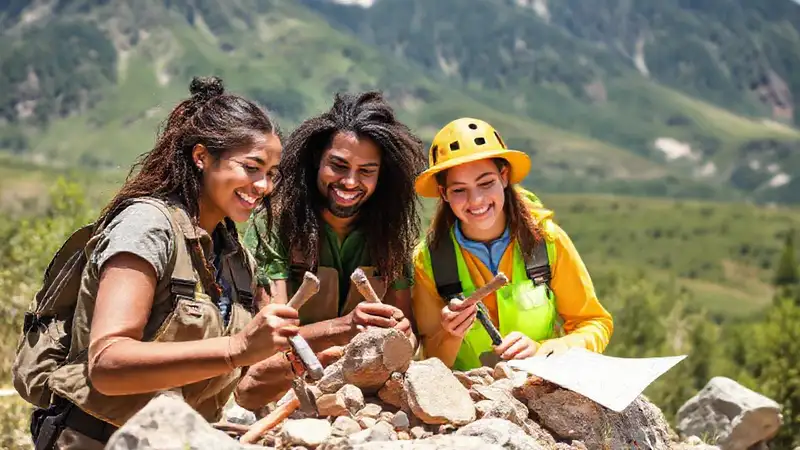 Jóvenes geólogos explorando rocas en naturaleza