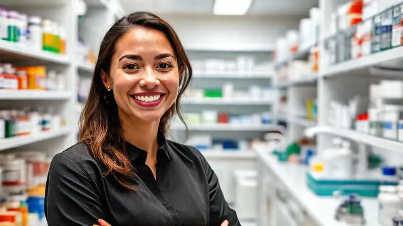 Mujer profesional sonriente en farmacia moderna
