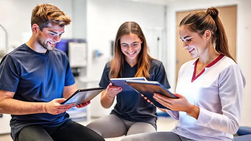 Terapeutas jóvenes usan tablets en clínica moderna