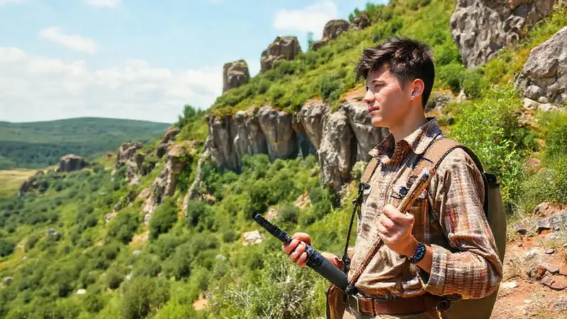 Joven geólogo estudia rocas en paisaje verde
