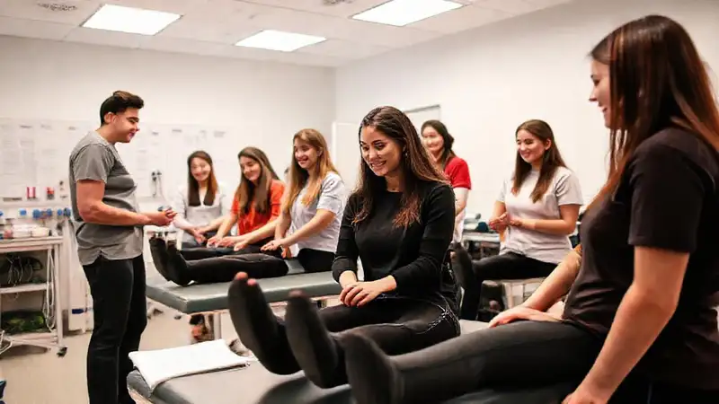 Estudiantes de terapia física en clínica moderna y colaborativa