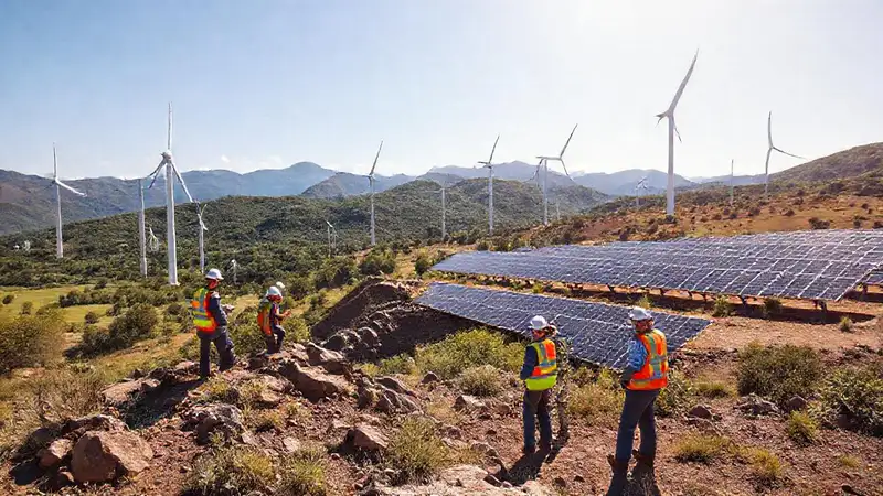 Energía renovable en paisaje natural y laboral