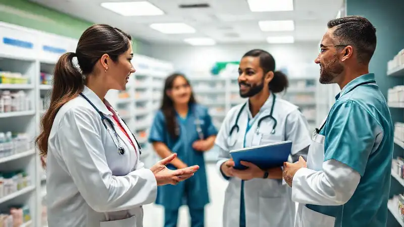 Profesionales de salud colaborando en farmacia moderna