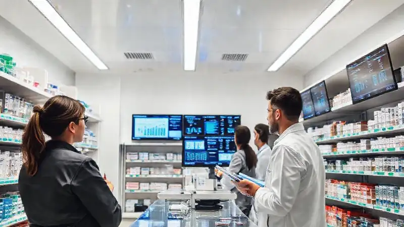 Farmacia moderna con tecnología y organización eficiente