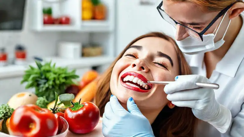 Paciente sonriente, dentista y frutas saludables