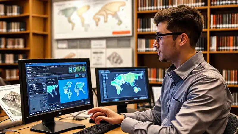 Estudiante de geología con software y mapas digitales
