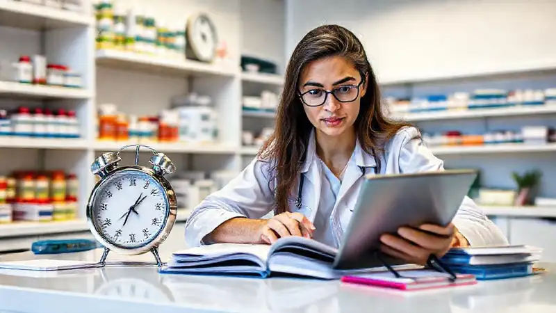 Estudiante concentrado en estudio en farmacia moderna
