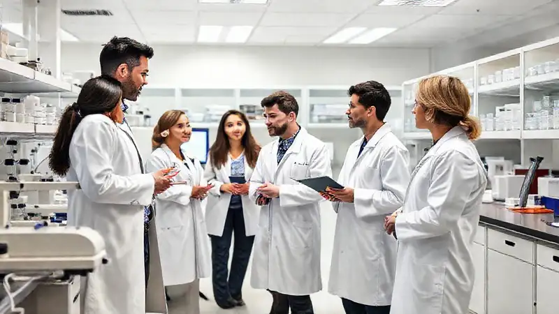 Equipo de laboratorio colaborando con equipo moderno