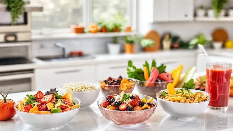 Cuencos saludables con frutas y verduras frescas