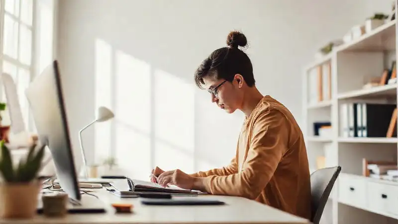 Persona enfocada estudiando en un escritorio ordenado