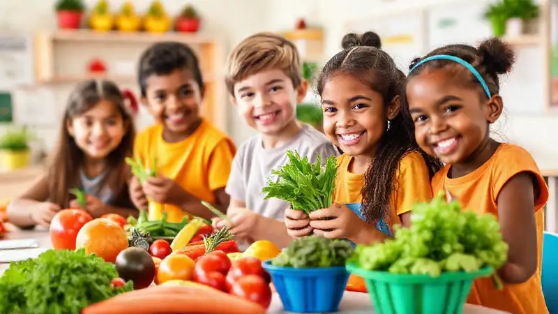Estudiantes sanos con frutas y bienestar