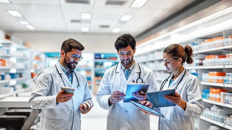Farmacia moderna con tecnología y ambiente profesional