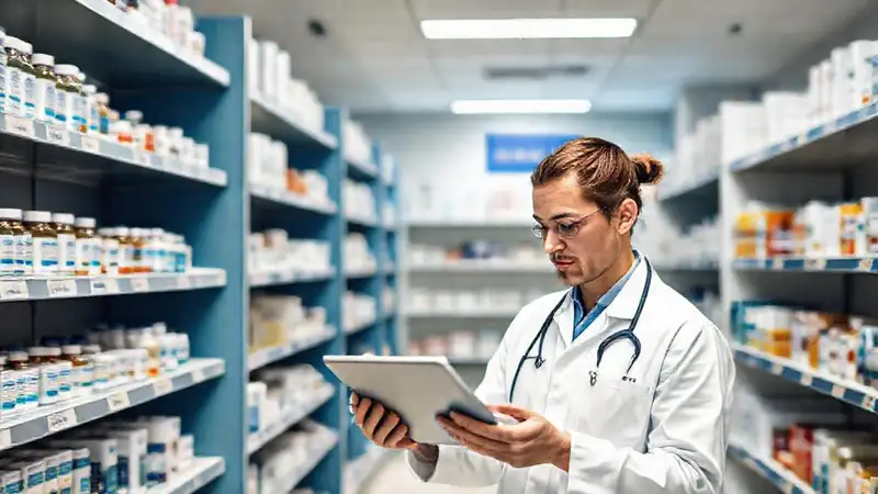 Farmacia moderna y ordenada con farmacéutico enfocado