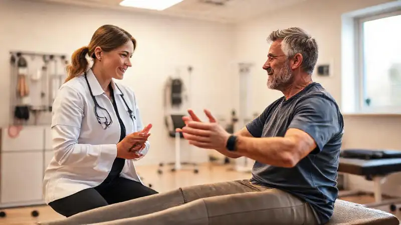 Fisioterapeuta ayuda en rehabilitación en clínica moderna