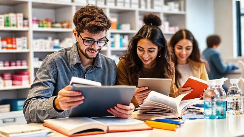 Estudiantes en aula moderna y organizada