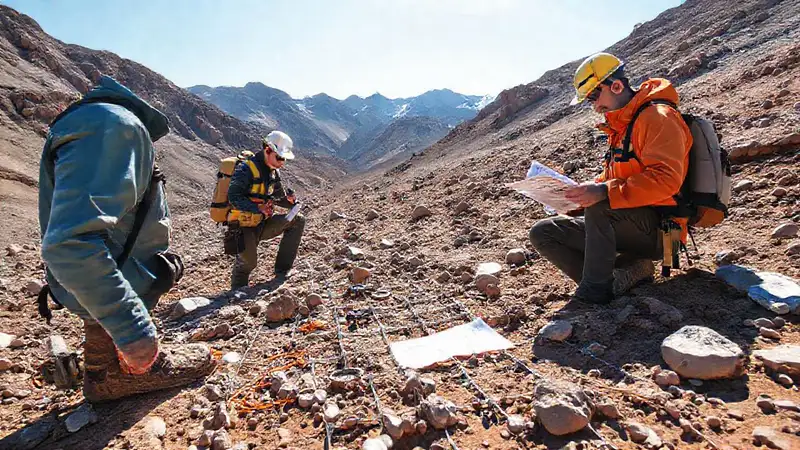Científicos en terreno rocoso toman muestras geológicas