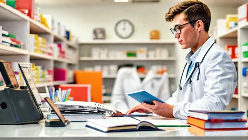 Farmacéutico organizado con herramientas y ambiente brillante