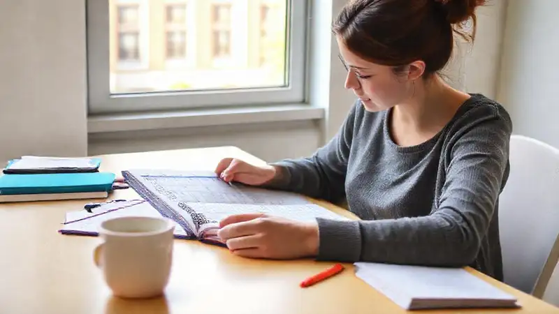 Estudiante organizando su estudio en espacio acogedor
